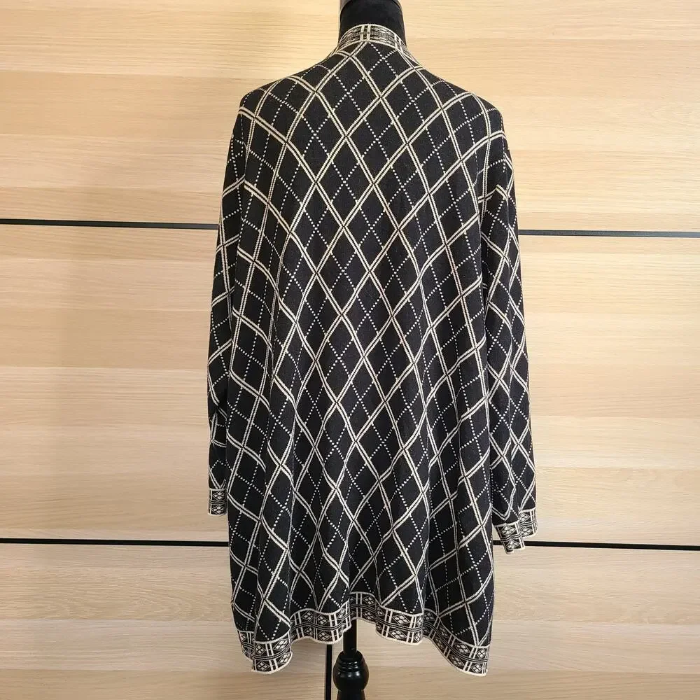 Susan Graver Cardigan Womens 2X Black White Diamond Geometric Knit Monochrome - Picture 2 of 11